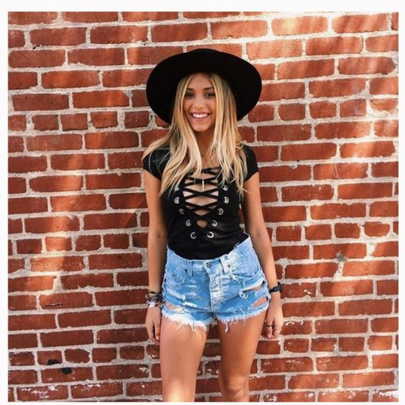 LF Tops - LF deep V Lace Up Shirt